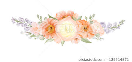 Spring Horizontal Bouquet from Flowers in Pastel colors. Floral Garland from Ranunculus and Iceland Poppies with Freesia, Peach or Cherry and Snow Willow Branches. Watercolor hand painted botanical 123314871