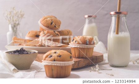 Chocolate chip muffins with milk 123314994