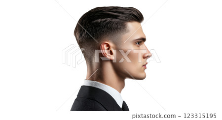 Profile view of young man wearing suit isolated on transparent background 123315195