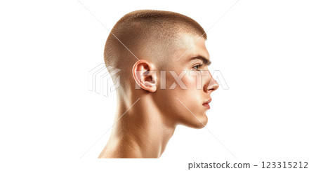 Profile view of young male with buzz cut hairstyle isolated on transparent background 123315212