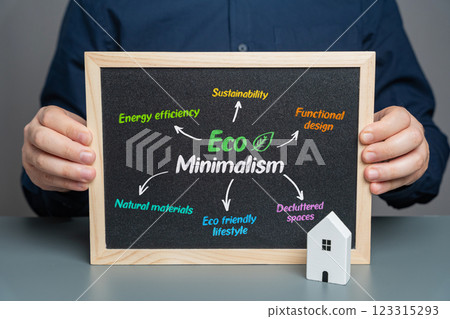 Eco Minimalism on a sign in the hands of a man. Sustainable living, simple design, environmental responsibility, and conscious consumption. Eco Minimalism on a sign in the hands of a man. Sustainable living, simple design, environmental responsibility, and conscious consumption. 123315293