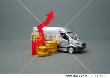 Delivery van with money coins and up arrow. Increased profit, more transportation. Investment. Tax receipt. Increased shipments boost company earnings. Expanding business activity. 123315315
