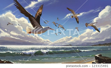 鳥兒在海岸上空翱翔 123315491