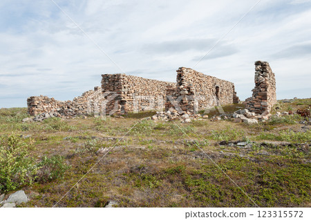 Abandoned ruined stone structure in tundra 123315572