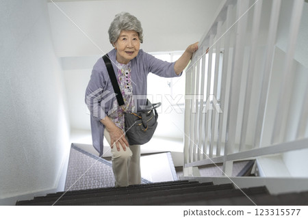 Senior woman holding onto the handrail and climbing the stairs Senior woman holding onto the handrail and climbing the stairs 123315577