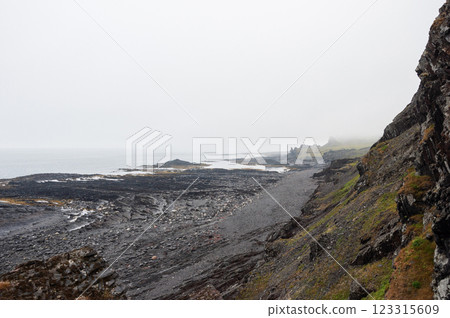 Black rocks of the Barents Sea coast in fog Black rocks of the Barents Sea coast in fog 123315609
