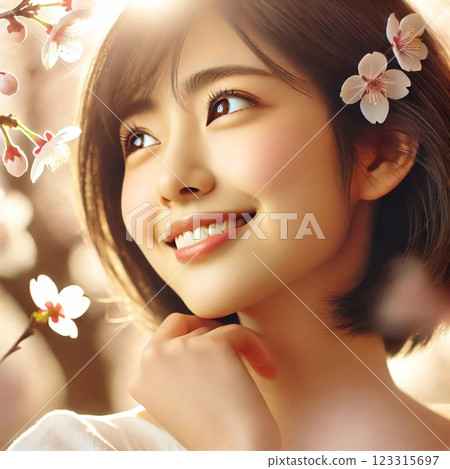 Smiling happily among the plum blossom petals dancing in the wind, creating a scene of spring elegance and natural beauty. 123315697