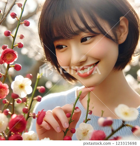 A scene that evokes the gaiety and elegance of spring, with a gentle smile surrounded by red and white plum blossoms. 123315698