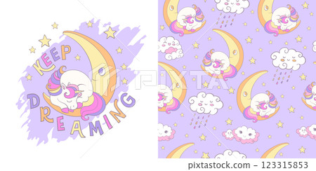 Cute cartoon unicorn illustration and seamless background Cute cartoon unicorn illustration and seamless background 123315853
