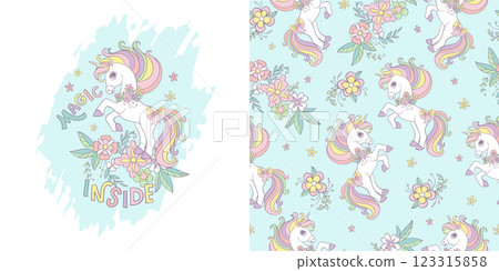 Unicorn character illustration and seamless pattern vector 123315858