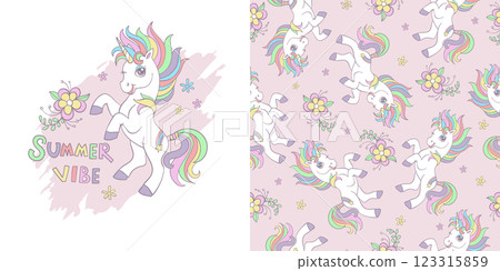 Cute unicorn character illustration and seamless pattern 123315859