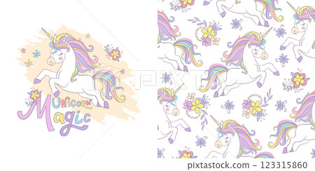 Cute cartoon unicorn illustration with seamless pattern vector Cute cartoon unicorn illustration with seamless pattern vector 123315860