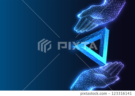 Futuristic glowing hand holding floating impossible triangle. Paradox, illusion, complexity Concept Futuristic glowing hand holding floating impossible triangle. Paradox, illusion, complexity Concept 123316141