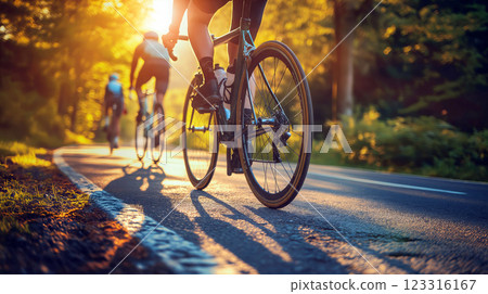 Bicyclists riding along a forest path during sunset in warm, golden light 123316167