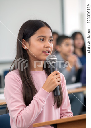 Young girl speaking confidently in classroom during class discussion with classmates present 123316169