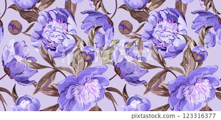 Botanical seamless pattern with peonies and sakura branches drawn in gouache 123316377
