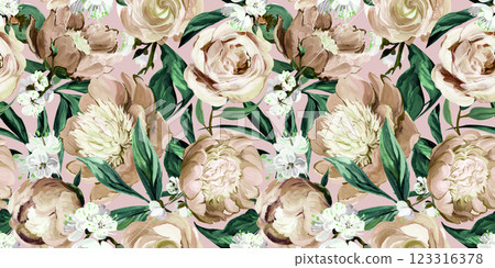 Botanical seamless pattern with peonies and sakura branches drawn in gouache 123316378