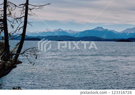 Dramatic sunset over the lake and trees. 123316726