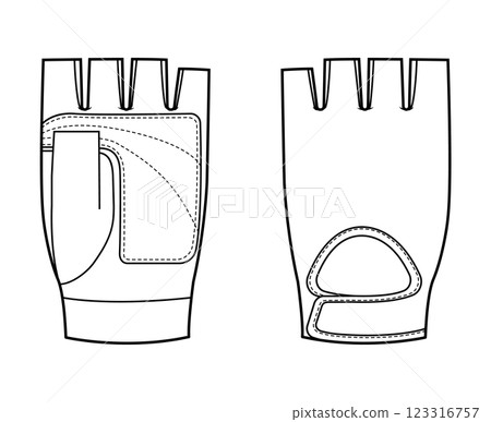 Workout Gloves Fashion hand accessory Weightlifting clothing technical illustration garment. Vector front palm back view Workout Gloves Fashion hand accessory Weightlifting clothing technical illustration garment. Vector front palm back view 123316757