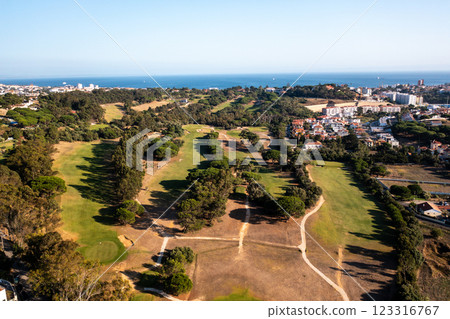 Aerial drone view of wide golf court in Estoril Aerial drone view of wide golf court in Estoril 123316767