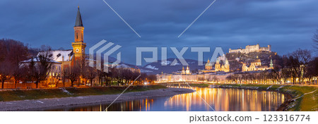 Christuskirche and Hohensalzburg Fortress at dusk, Salzburg, Austria 123316774