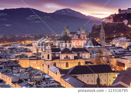Salzburg Cathedral and Hohensalzburg Fortress at sunset, Austria 123316795