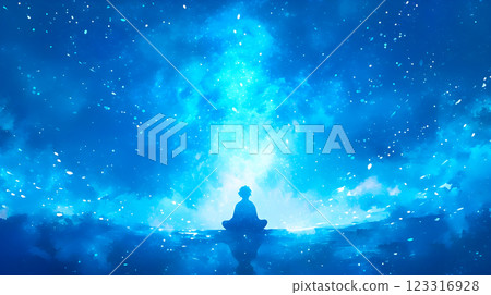 An illustration of the silhouette of a person meditating in a mysterious, blue, glowing space 123316928