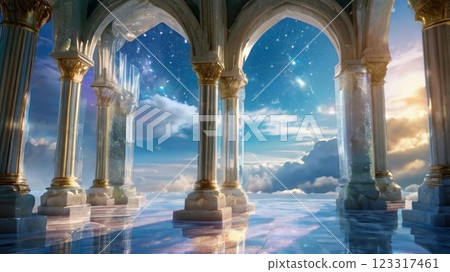 Game background: The Crystal Temple of the ruins of an ancient civilization and dawn scenery Game background: The Crystal Temple of the ruins of an ancient civilization and dawn scenery 123317461