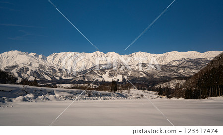 長野縣白馬村晴朗的天空和白雪皚皚的北阿爾卑斯山 123317474
