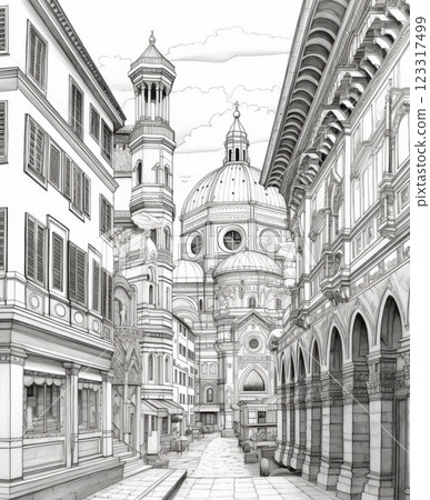 Detailed Sketch of Historic Architecture in an Urban Alleyway Scene 123317499