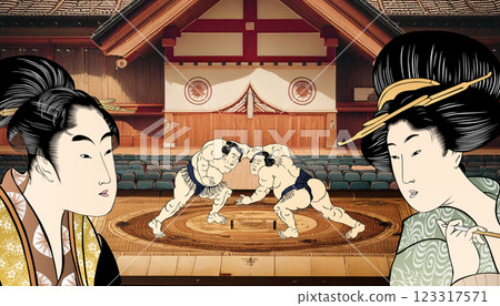 觀看相撲比賽的婦女 觀看相撲比賽的婦女 123317571