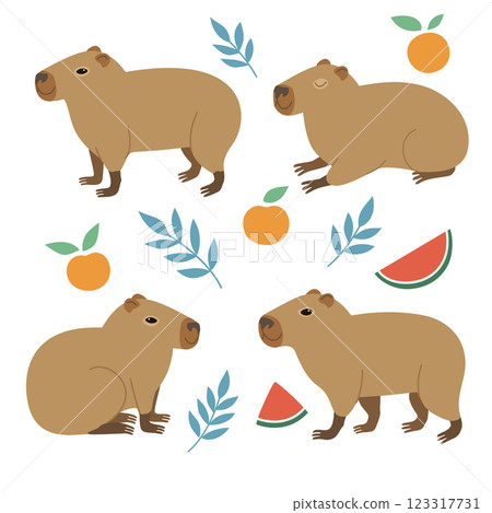 Cute capybara in various positions isolated on white background. Vector hand-drawn doodle illustration in trendy style. Cute capybara in various positions isolated on white background. Vector hand-drawn doodle illustration in trendy style. 123317731