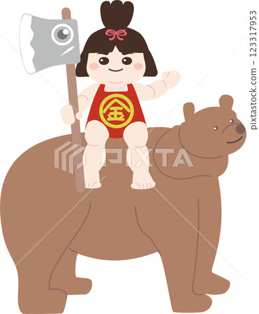 線條插畫：胖胖的、看起來很健康的金太郎騎著熊 123317953