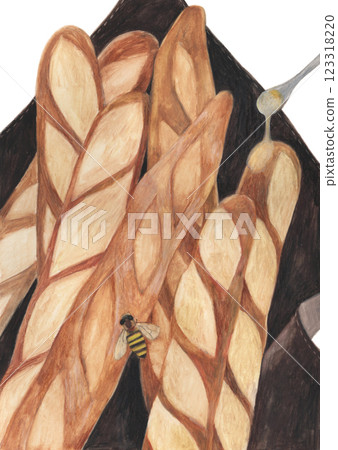 用水彩鉛筆繪製的法國麵包、蜜蜂和蜂蜜的插圖 123318220