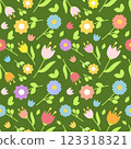 Flat seamless floral pattern with multicolored flowers, leaves, and buds on a dark green background. Vector for fabric, wrapping, and spring easter designs 123318321