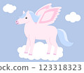 Flat cartoon illustration of a pink pegasus with blue hair standing on a fluffy white cloud in the sky. A whimsical fantasy-themed design for children prints, mythology, or storybook illustrations 123318323