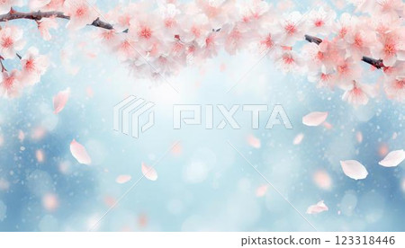 美麗的櫻花框架,花瓣落在淡淡的閃閃發光的藍色模糊背景 3DCG 插圖 美麗的櫻花框架,花瓣落在淡淡的閃閃發光的藍色模糊背景 3DCG 插圖 123318446