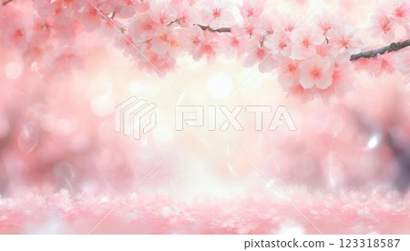 Beautiful cherry blossom frame with petals falling on a pale sparkling pink blurred background 3DCG illustration 123318587