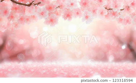 Beautiful cherry blossom frame with petals falling on a pale sparkling pink blurred background 3DCG illustration 123318594