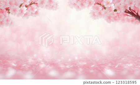 Beautiful cherry blossom frame with petals falling on a pale sparkling pink blurred background 3DCG illustration 123318595