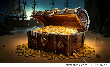 Pirate treasure chest full of gold coins Generative AI 123318744