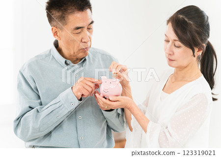 Mature couple holding a piggy bank 123319021