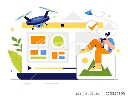 Drone Photography Vector Illustration featuring a Drone with a Remote Control, Capturing Aerial Photos and Videos from Above in a Flat Background 123319193