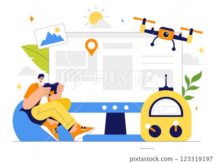 Drone Photography Vector Illustration featuring a Drone with a Remote Control, Capturing Aerial Photos and Videos from Above in a Flat Background 123319197