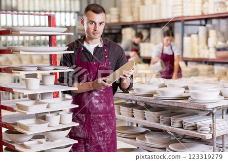 Young man posing with ceramic blanks Young man posing with ceramic blanks 123319279