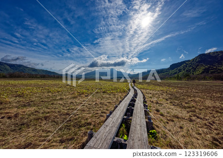Hikers walking through Ozegahara in early summer with a view of Mt. Hiuchigatake Hikers walking through Ozegahara in early summer with a view of Mt. Hiuchigatake 123319606