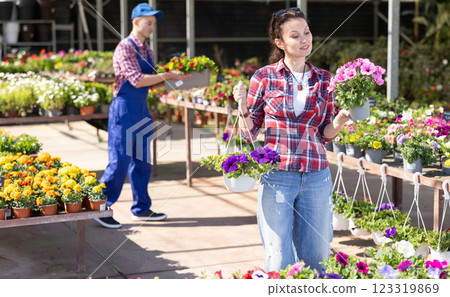 Adult woman choosing petunia in flower shop Adult woman choosing petunia in flower shop 123319869