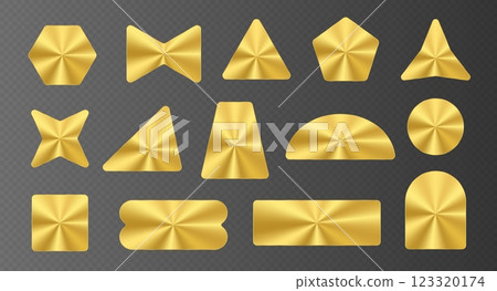 Golden stickers pack, gold metallic labels, shiny paper tape in various shapes. 123320174