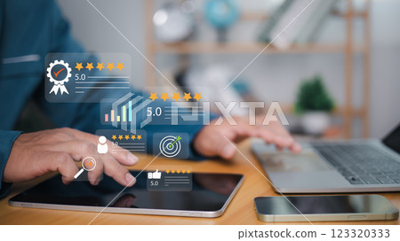 Opinion customer satisfaction survey concept, Client service and experience rating online application, Satisfaction feedback review, Very good quality, Customer evaluation product service quality. Opinion customer satisfaction survey concept, Client service and experience rating online application, Satisfaction feedback review, Very good quality, Customer evaluation product service quality. 123320333