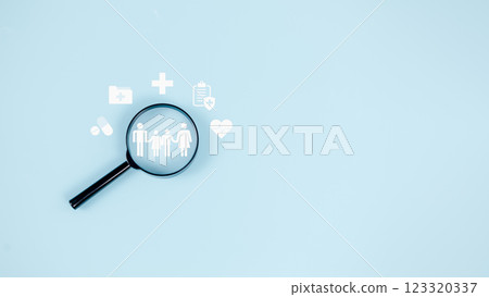 Health insurance and Medical welfare concept, Health care planning, Family and a plus sign on magnifying glass represents protection and assurance, Receiving benefits, Access to welfare health concept Health insurance and Medical welfare concept, Health care planning, Family and a plus sign on magnifying glass represents protection and assurance, Receiving benefits, Access to welfare health concept 123320337